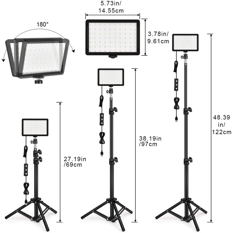 Led Video Lighting Kit Dimmable 5600K USB 70 LED Video Light with Mini Adjustable Tripod Stand and Color Filters for Table Top/Low Angle Photo Video Studio Shooting (3 Pack)