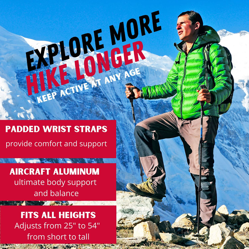 High Trek Trekking Poles - 2-Pc Pack Adjustable Hiking or Walking Sticks - Strong, Lightweight Aluminum 7075 - Quick Adjust Flip-Lock - Cork Grip, Padded Strap