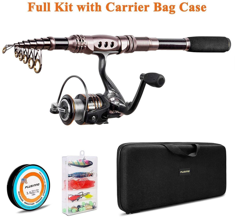 PLUSINNO Fishing Rod and Reel Combos Carbon Fiber Telescopic Fishing Rod with Reel Combo Sea Saltwater Freshwater Kit Fishing Rod Kit Sporting Goods > Outdoor Recreation > Fishing > Fishing Rods PLUSINNO Full Kit with Carrier Case 2.4M 7.87FT 