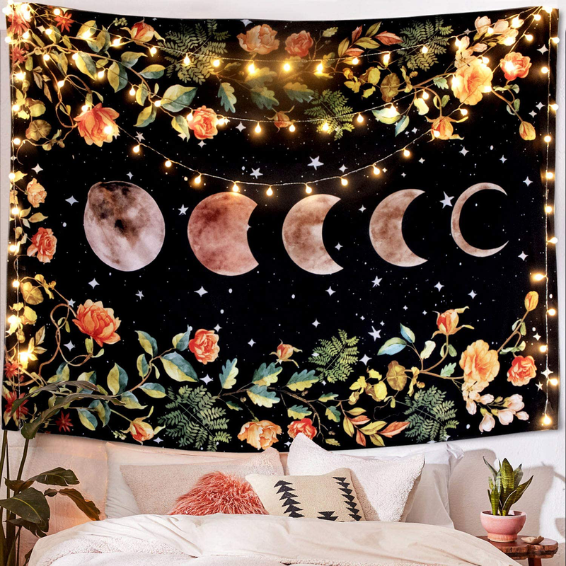 Moon Tapestry Wall hanging, Boho Tapestries Wall Decor, Floral Tapastry with Moonlit Garden Phase Star for Bedroom Black 36''×48'' Home & Garden > Decor > Artwork > Decorative Tapestries AMM   