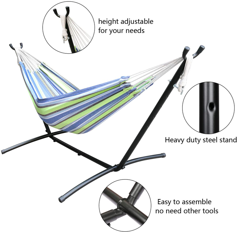 Double Hammock with Space Saving Steel Stand (450 lb Capacity - Premium Carry Bag Included) - for para Patio, Indoor and Outdoor (Blue/Green Stripes) Home & Garden > Lawn & Garden > Outdoor Living > Hammocks Nromant   