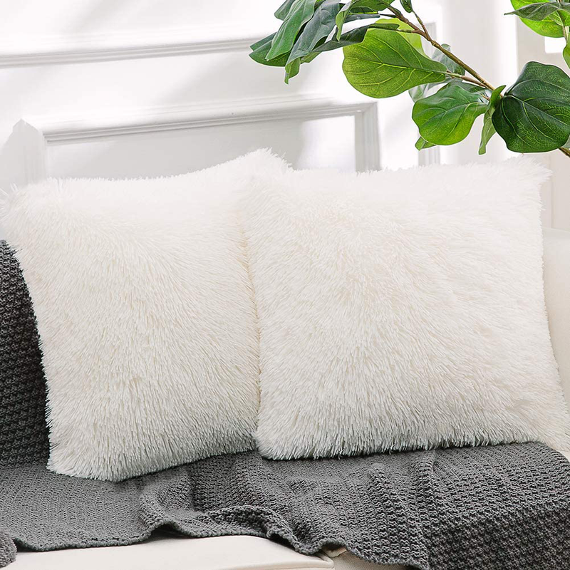 Nordeco HOME Luxury Soft Faux Fur Fleece Cushion Cover Pillowcase Decorative Throw Pillows Covers, No Pillow Insert, 18" X 18" Inch, White, 2 Pack Home & Garden > Decor > Chair & Sofa Cushions NordECO HOME   