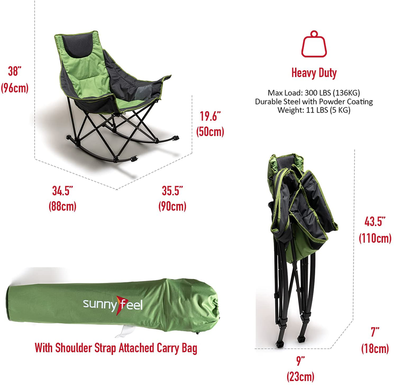 Sunnyfeel Camping Rocking Chair, Oversized Folding Rocking Chairs with Luxury Padded Recliner & Pocket,Carry Bag, 300 LBS Heavy Duty for Lawn/Outdoor/Picnic/Patio, Portable Rocker Camp Chair (Green)