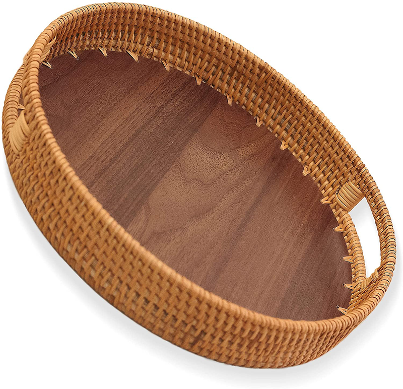 Rattan Decorative Tray with Natural Wood - Coffee Table/ Ottoman Tray - Vanity Tray - Fruit Basket - Serving Tray (12+14 inch) Home & Garden > Decor > Decorative Trays Kordes 12 inch  