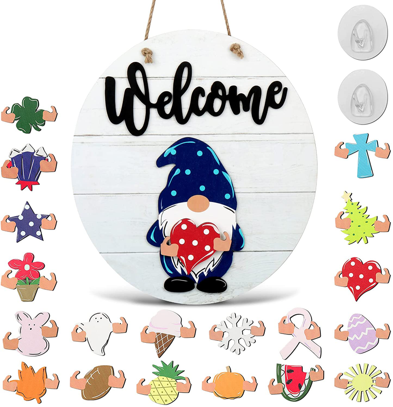 Interchangeable Welcome Sign for Front Door Porch Decor, Wooden Halloween Gnome Door Hanger Wreath with 19 Pieces Seasonal Holiday Icons, Rustic Farmhouse Home Sign DIY Wall Hanging Decor Home & Garden > Decor > Seasonal & Holiday Decorations Sayopin A  