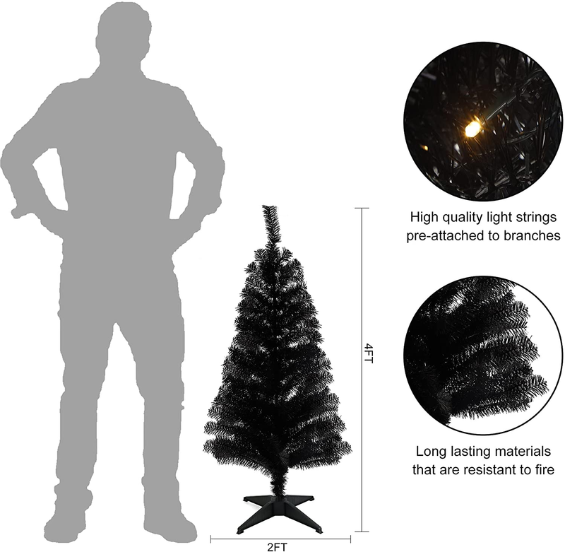 Juegoal Pre-Lit Artificial Halloween Christmas Tree, 4 FT Lighted Black Tinsel Xmas Pine Trees with 50 LEDs Lights, 8 Lighting Modes & Battery Powered Waterproof for Home Office Party Decorations