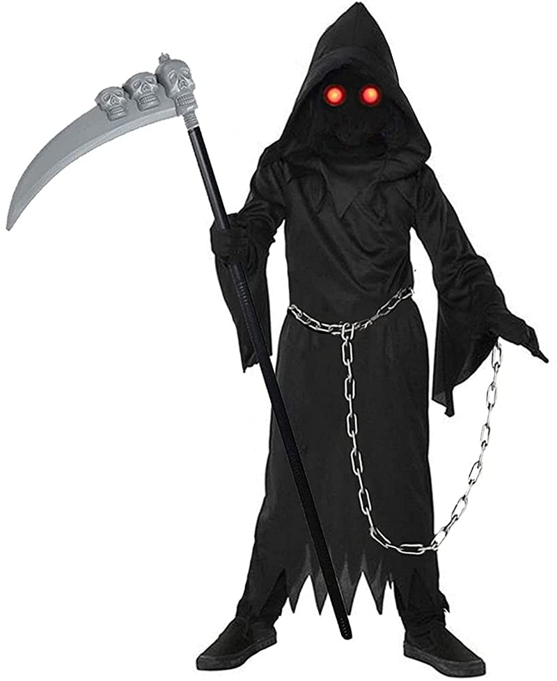 Grim Reaper Halloween Costume for Kids,Glowing Eyes Creepy Phantom Halloween Costume for Boys & Girls