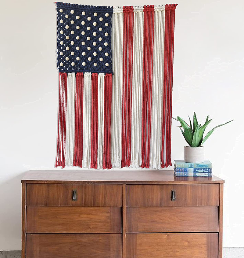 Macrame Wall Hanging American Flag Wall Decor Boho Patriotic Decor Memorial Day Fourth of July wall Art Home décor 22*37(No Stick) Home & Garden > Decor > Artwork > Sculptures & Statues FLBER OUTLET   