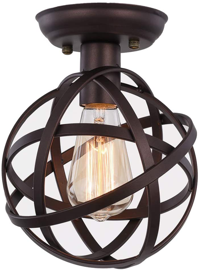 Globe Ceiling Light Fixture, SEEBLEN Semi-Flush Mount Ceiling Light with Mini Metal Cage, Hanging Light Fixture for Foyer Hallway Stairway Porch Bedroom Kitchen Farmhouse
