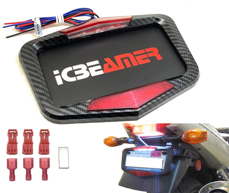 ICBEAMER Waterproof Universal Fit Most Motorcycle License Plate Frame w/ 6+ Flashing LED Tail +Brake Light [Matte Black]  ICBEAMER Carbon Fiber Pattern 8" X 5.7" 