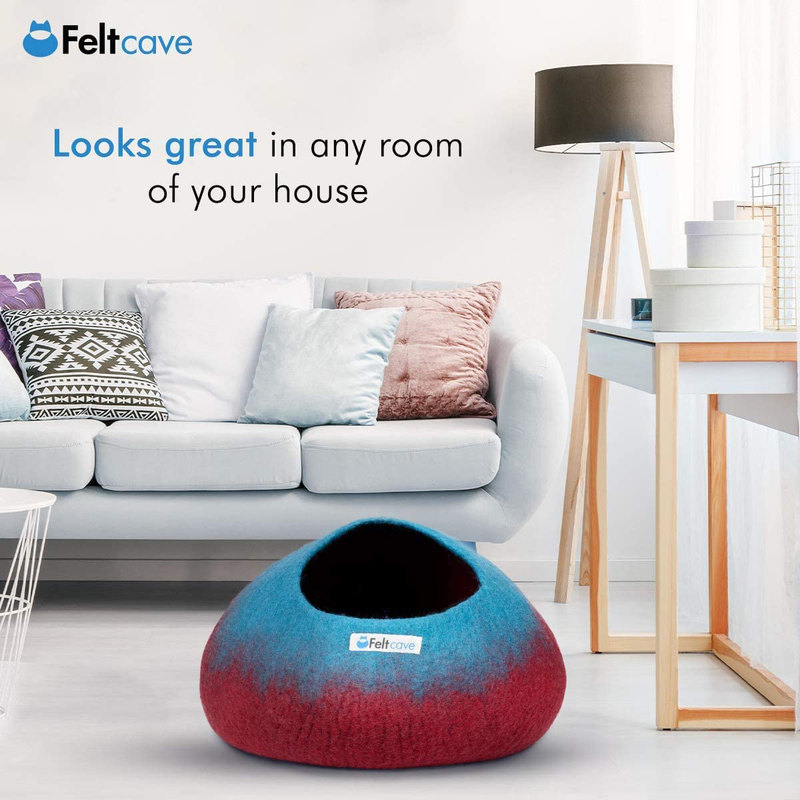 Feltcave Wool Cat Cave Bed, Handmade Covered Cat Bed Cave, Wooly Cave for Cats, Dome Shaped Cat Pod, Cat Beds & Furniture, Felt Cat Beds for Indoor Cats
