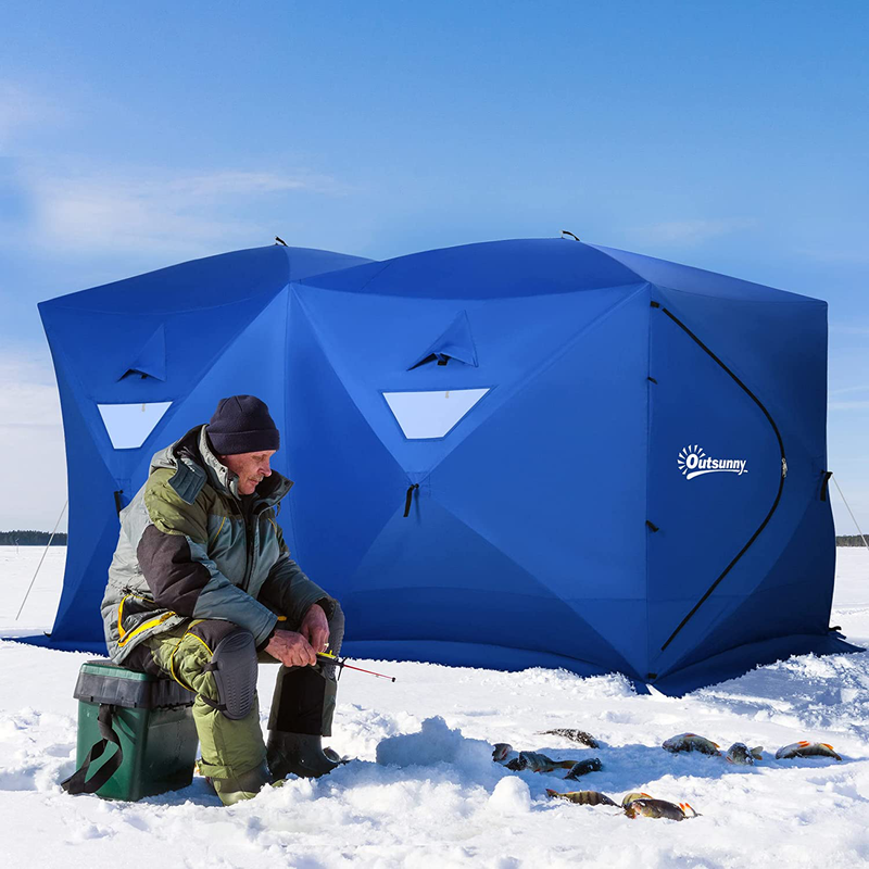 Outsunny 8 Person Ice Fishing Shelter Insulated Waterproof Portable Pop up Ice Tent with 2 Doors for Outdoor Fishing, Blue Sporting Goods > Outdoor Recreation > Camping & Hiking > Tent Accessories Aosom LLC   