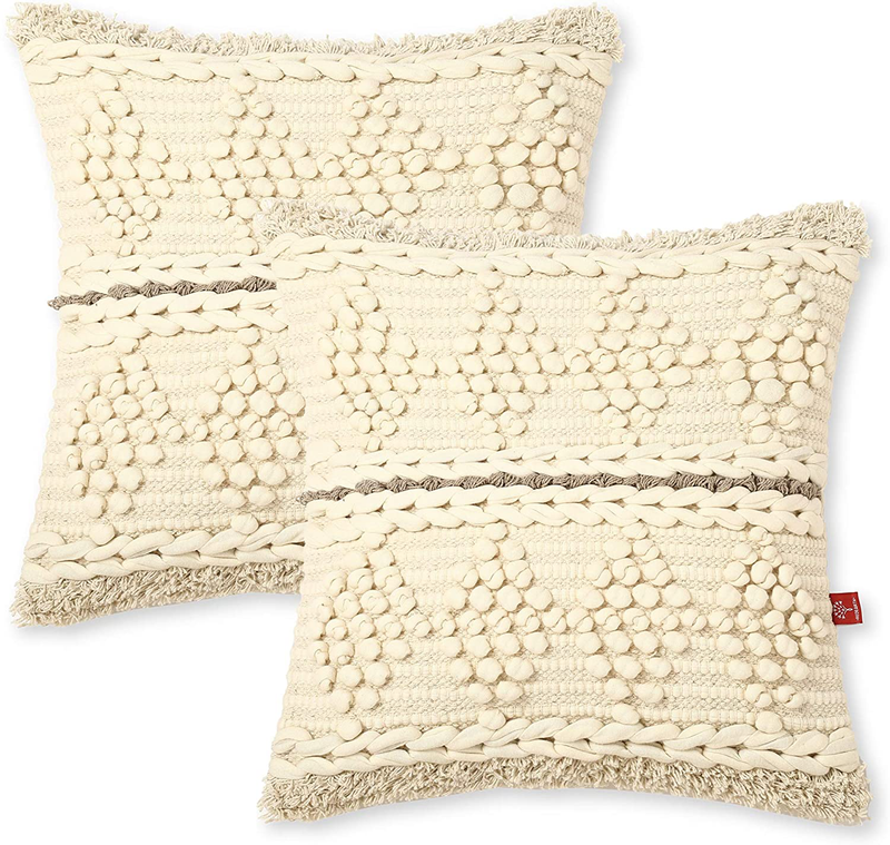 REDEARTH Tufted Throw Pillow Cushion Covers-Boho Textured Woven Decorative Cases Set for Couch, Sofa, Bed, Farmhouse, Chair, Dining, Patio, Outdoor, Car; 100% Cotton (18X18; Natural) Pack of 2 Home & Garden > Decor > Chair & Sofa Cushions REDEARTH Diamond Glory Cedar 18 x 18-Inch 