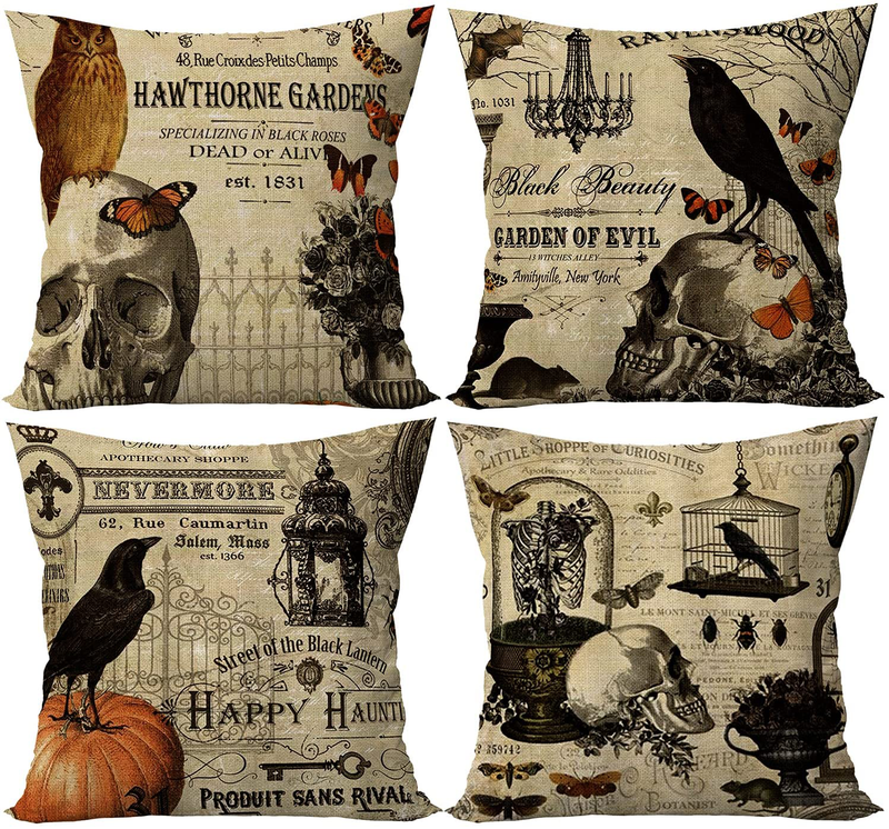 SIBOSUN Set of 4 Halloween Throw Pillow Covers 18x18 Inches for Owl/Crow/Pumpkin/Skull Halloween Decor Vintage Pillow Case Linen Square Cushion Covers for Sofa Couch Bed Home Outdoor Car Arts & Entertainment > Party & Celebration > Party Supplies SIBOSUN 001. Owl/Crow/Pumpkin/Skull  