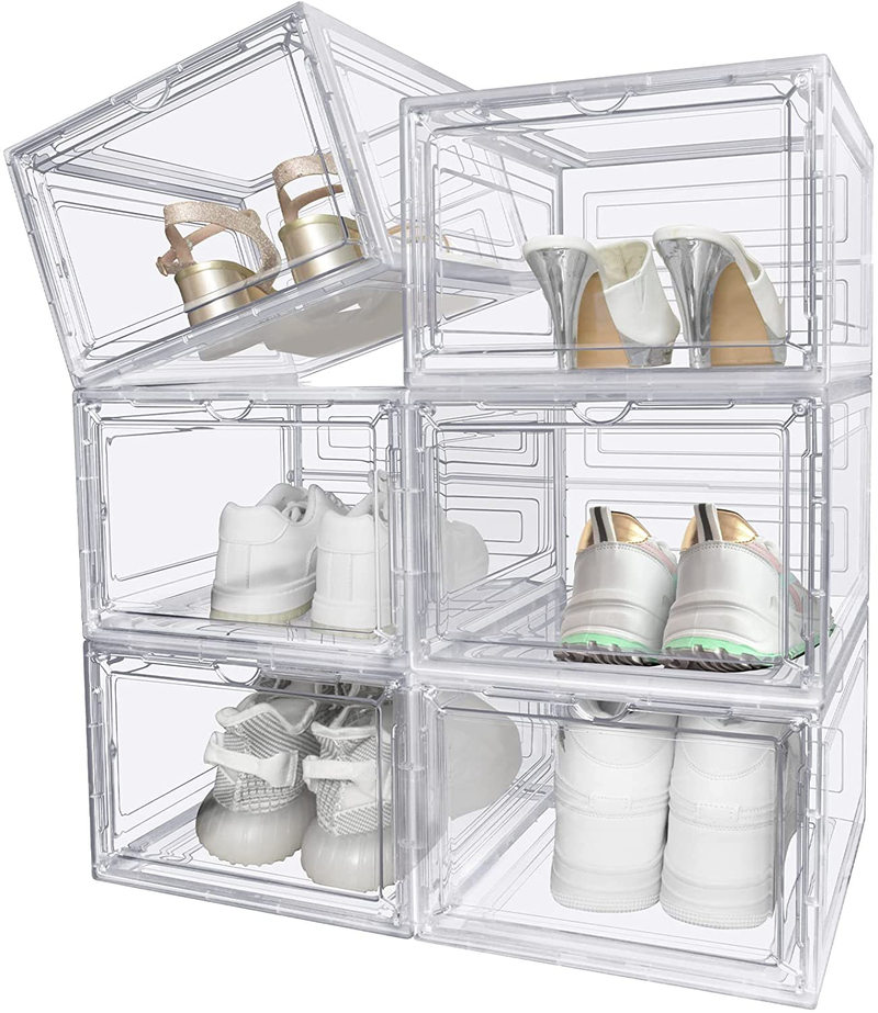 Clear Shoe Storage Box - Mupera Stackable Plastic Shoe Box with Clear Door(2022 New), for Display Sneakers, Front Opening Shoe Organizer, Hard Plastic Shoe Storage Bins, Fit up to US Size 12(6 Pack) Furniture > Cabinets & Storage > Armoires & Wardrobes mupera Clear  
