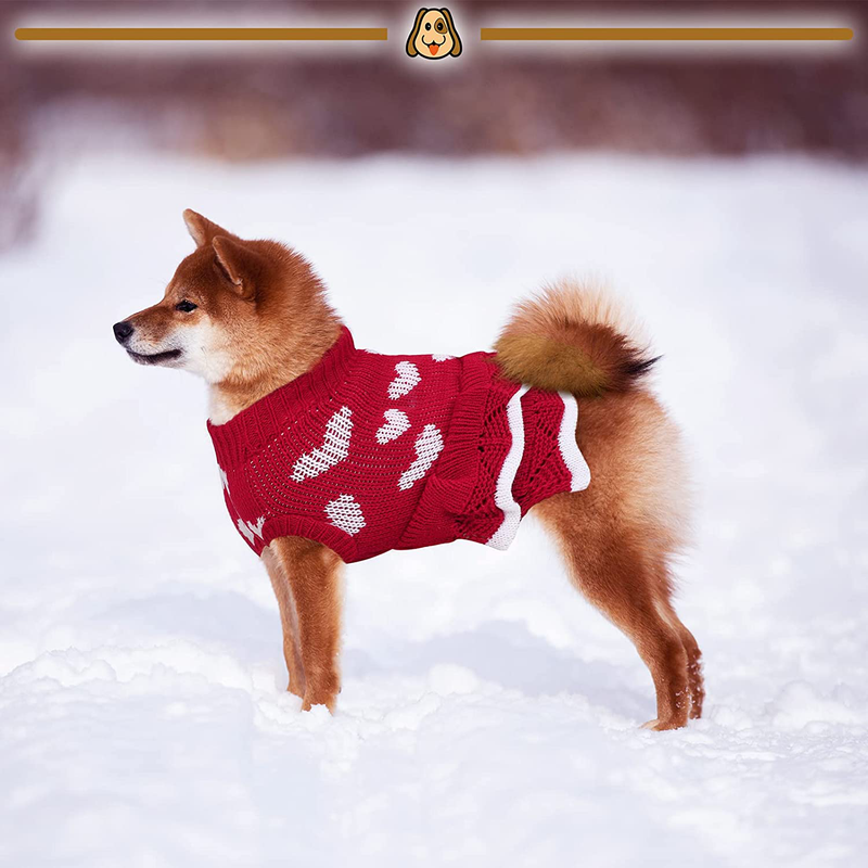 Pedgot 2 Pieces Dog Sweater Puppy Sweater Dress Warm Heart Pattern Dog Princess Dress Knitted Clothes Turtleneck Knitwear Skirt for Fall Winter Pets