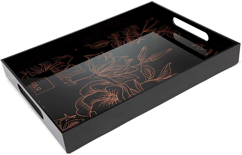 R&R Clear Acrylic Tray with Handles - 17" x 12" (Floral). Spillproof Design Makes This The Perfect Large Serving Tray, Vanity Tray, Bathroom Tray, Coffee Table Tray, Bed Tray or Decorative Tray… Home & Garden > Decor > Decorative Trays R&R A Bespoke Collection Black With Rose Gold Floral  