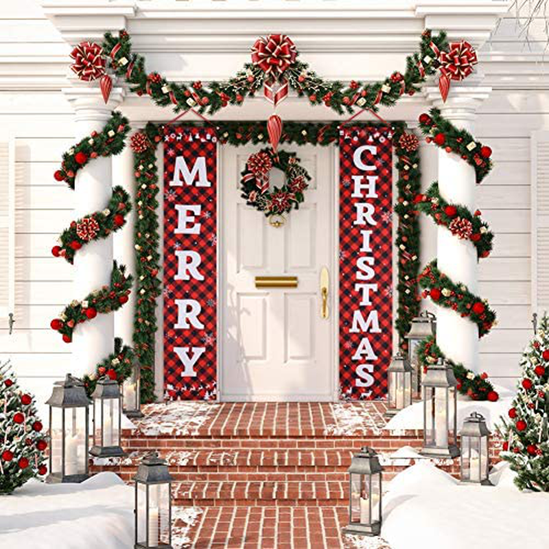Porch Christmas Decorations, Merry Christmas Banner, Christmas Porch Sign - Large Christmas Front Door Decorations Outdoor, Red Plaid Christmas Decor Outside, Christmas Yard Signs - 71”x14”
