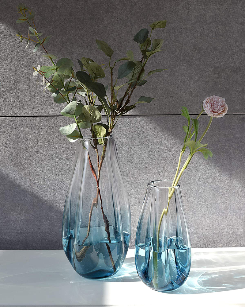 CONVIVA Glass Vase Hand Blown for Flower Centerpiece Home Decorative Tabletop Solid Blue Color Organic Wrinkle Shape for Living Room Kitchen Dining Porch Bookcase Gift Decor 13 inch H Home & Garden > Decor > Vases CONVIVA   
