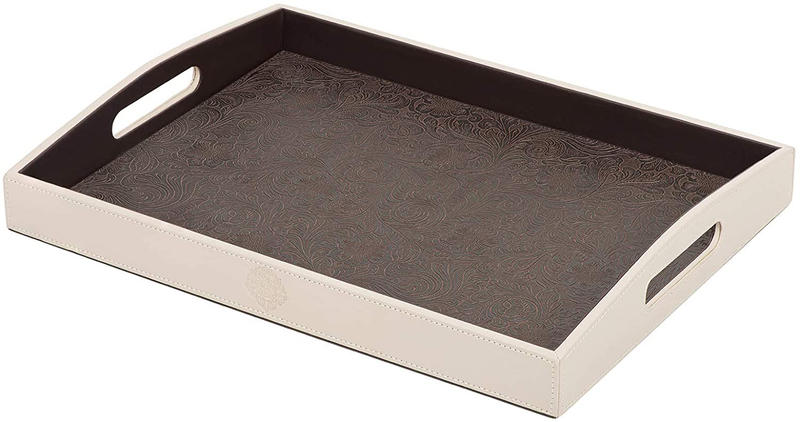 Serving Tray with Handles,Ottoman Decorative Platters,for Coffee Tables,Breakfast in Bed Tray, for Bar Catering Party Kitchen,Artificial Leather Embossed,Black,16×11.8 in