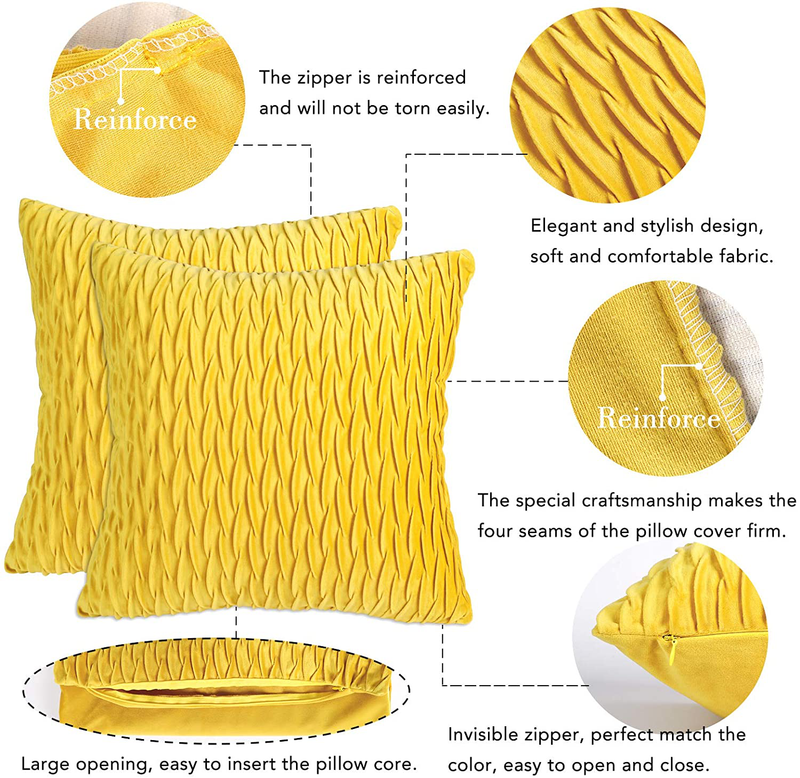 HOLLHOFF Mustard Yellow Throw Pillow Covers Decorative Striped Soft Velvet Square Cushion Case for Couch Living Room Sofa Home Decor Set of 2, 18 X 18 Inch (45Cm) No Inserts