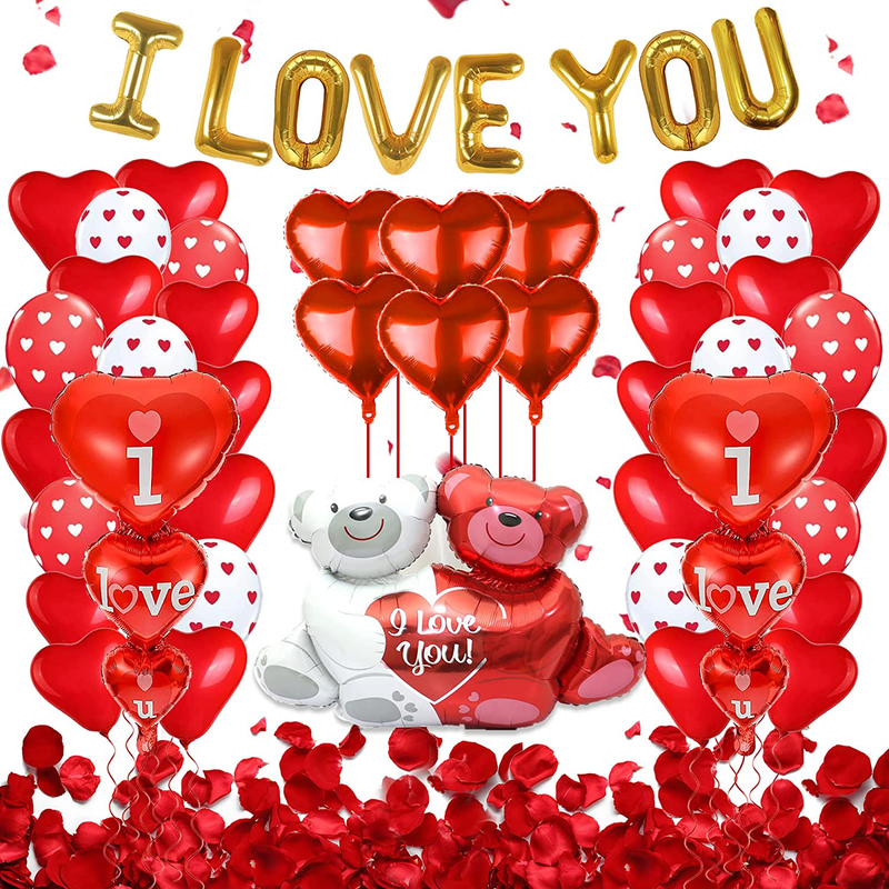 I Love You Balloons and Heart Balloon Set, Romantic Decorations for Special Night Valentines Day Balloons and Teddy-Bear Red Heart Balloons with 1000 PCS Silk Rose Petals 53PCS Valentine'S Day Party Decorations for Anniversary Arts & Entertainment > Party & Celebration > Party Supplies HozHoy   
