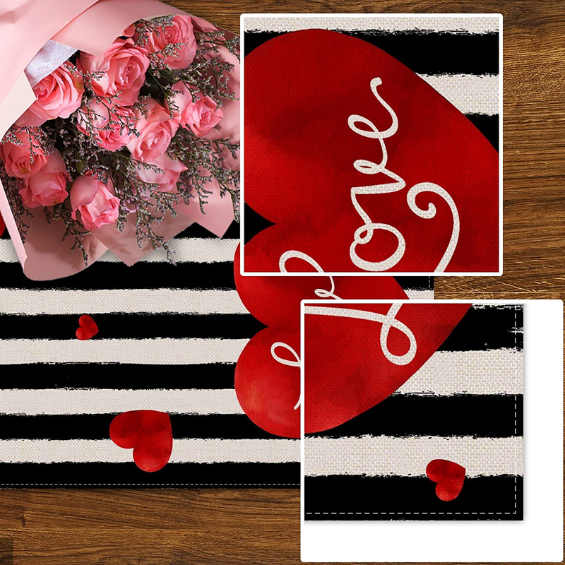 Rainlemon Linen Valentine'S Day Table Runner Black White Stripe Red Love Heart Home Kitchen Dining Room Decoration Home & Garden > Decor > Seasonal & Holiday Decorations Rainlemon   