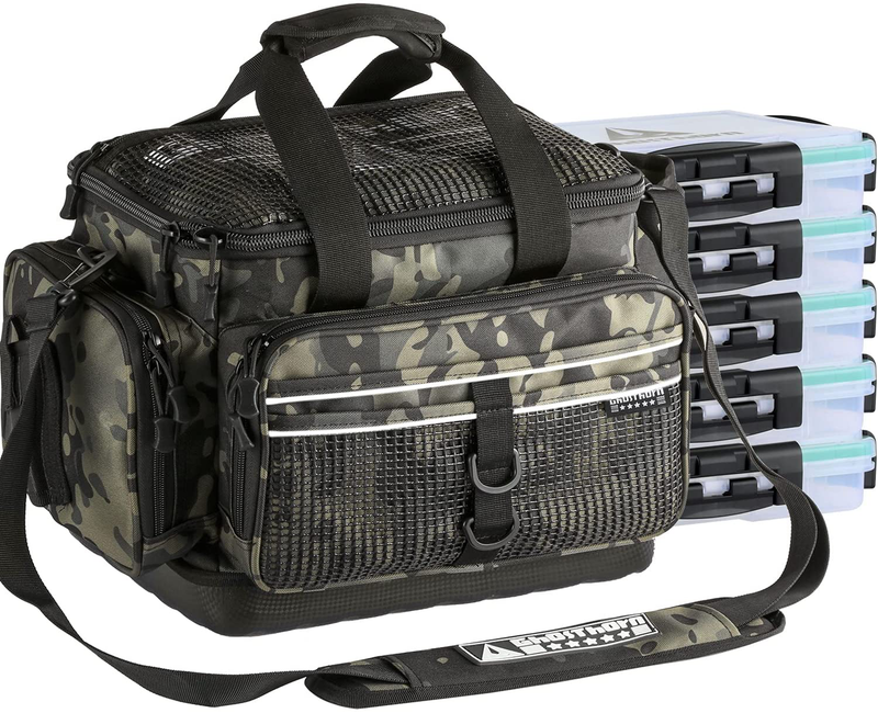 Fishing Tackle Bag Tackle Box Fishing Bag Water Resistant Fishing Gear Storage Bag with Rod Holder for Freshwater and Saltwater Sporting Goods > Outdoor Recreation > Fishing > Fishing Tackle Ghosthorn Standard-with 5 Trays(12.5*11.5*9inch)-Multicam Black  