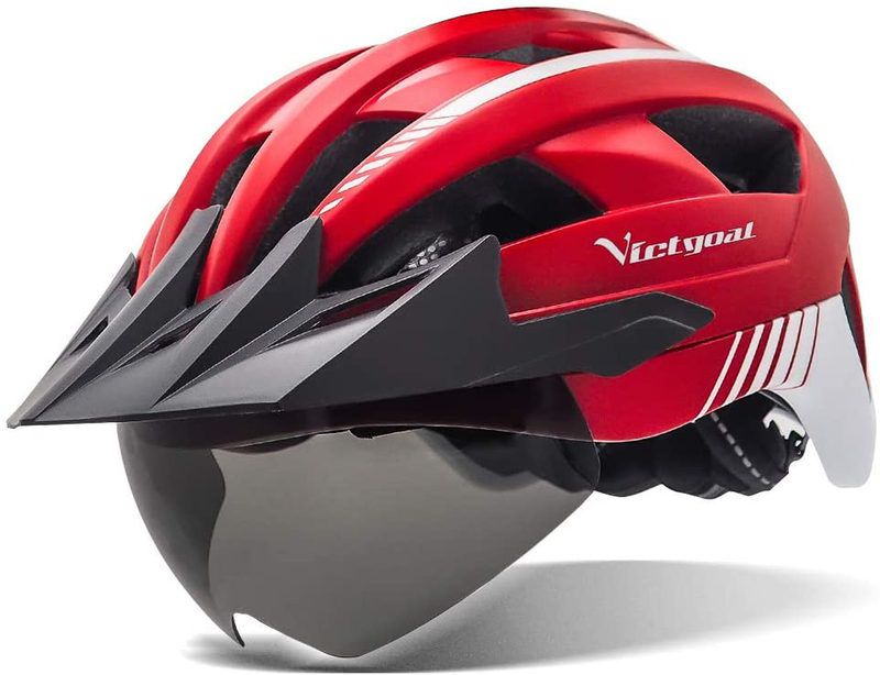 VICTGOAL Bike Helmet with USB Rechargeable Rear Light Detachable Magnetic Goggles Removable Sun Visor Mountain & Road Bicycle Helmets for Men Women Adult Cycling Helmets Sporting Goods > Outdoor Recreation > Cycling > Cycling Apparel & Accessories > Bicycle Helmets VICTGOAL Red  