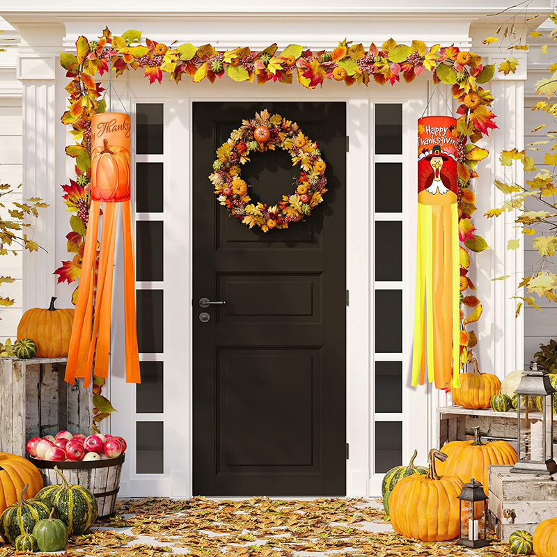 Thanksgiving Decorations 4 Pieces Outdoor Christmas Windsock Fall Windsocks Outdoor Hanging Flag Fall Windsocks Turkey Hanging Decorations Pumpkin Autumn Harvest Windsocks Flag for Holiday Decor