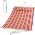 SUNCREAT Double Quilted Hammock with Hardwood Spreader Bar, Extra Large Soft Pillow, Heavy Duty 2 Person Hammock for Indoor, Outdoor, Grey Pattern Home & Garden > Lawn & Garden > Outdoor Living > Hammocks SUNCREAT Red Stripes  