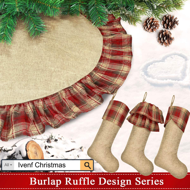 Ivenf Christmas Tree Skirt, 48 inches Large Burlap with Plaid Ruffle Trim Skirt, Rustic Xmas Tree Holiday Decorations