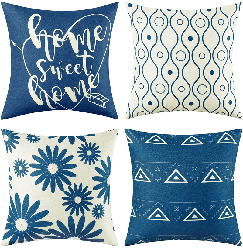 Sunolga Throw Pillow Covers Set of 4, Cushion Covers Linen for Indoor Outdoor, Decorative Pillow Cases for Couch Living Room Bed Sofa Chair Car Home & Garden > Decor > Chair & Sofa Cushions Sunolga Blue 16x16 Inch 