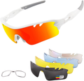 Polarized Sports Sunglasses Cycling Sun Glasses for Men Women with 5 Interchangeable Lenes for Running Baseball Golf Driving Sporting Goods > Outdoor Recreation > Cycling > Cycling Apparel & Accessories BangLong White Red  
