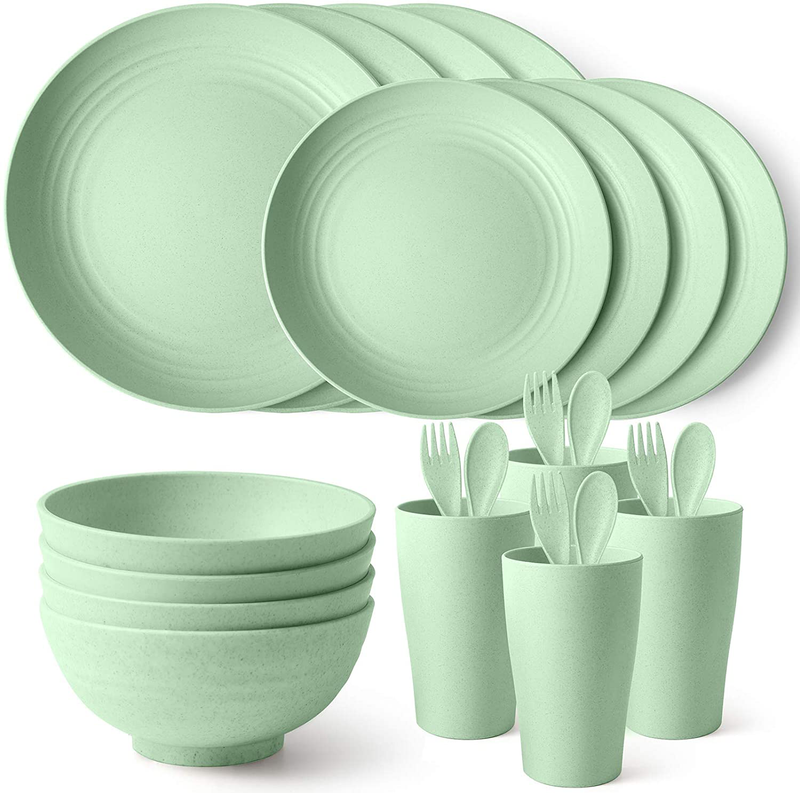 Teivio 24-Piece Kitchen Wheat Straw Dinnerware Set, Dinner Plates, Dessert Plate, Cereal Bowls, Cups, Unbreakable Plastic Outdoor Camping Dishes (Service for 6 (24 piece), Multicolor) Home & Garden > Kitchen & Dining > Tableware > Dinnerware Teivio Green Service for 4 (16 piece with flatware) 