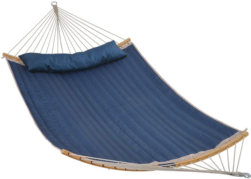 Patio Watcher 11 Feet Quilted Fabric Hammock with Curved-Bar Bamboo and Detachable Pillow, Double Hammock Perfect forOutside Outdoor Patio Yard Beach, Dark Blue