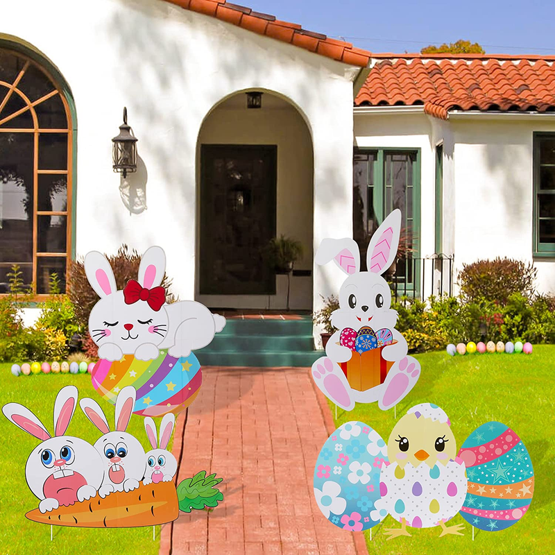 HOOJO Easter Decorations Outdoor Extra Large Easter Yard Signs 5 PCS, Waterproof Bunnies, Chick and Eggs Yard Stakes, Easter Lawn Decorations for Hunt Game, Party Supplies Decor, Easter Props