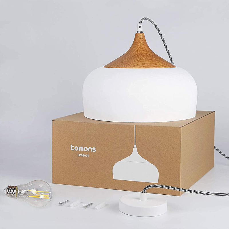 tomons Pendant Light Modern Lantern Lighting with LED Bulb, Wood Pattern Dome Minimalist Style Ceiling Hanging Lamp for Kitchen Island, Dining Room, Living Room, Bedroom, Coffee Bar - White