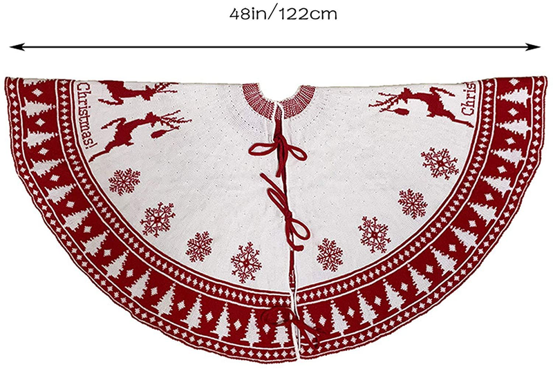 GSHOOTS Christmas Tree Skirt,37 Inch Red White Luxury Knitted Snowflakes/Elk/Cedar Xmas Tree Skirt for Christmas New Year Holiday Home Decorations Indoor Outdoor Ornament