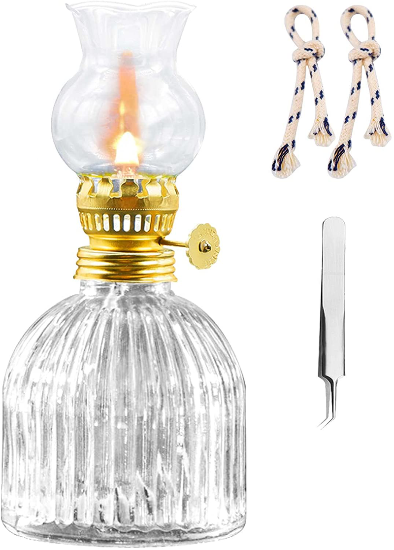 rnuie Oil Lamp for Indoor Use,1 Glass Kerosene Lamp,2 Wicks and 1 Tweezers,Vintage Hurricane Lamp for Home Emergency,Tabletop Decor (Cone)