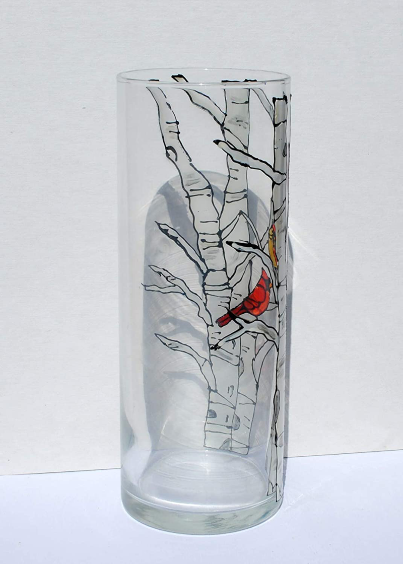 Red Cardinal Bird Birch Tree Hand Painted Glass 9 Inch Cylinder Flower Vase Home & Garden > Decor > Vases Atkinson Creations   