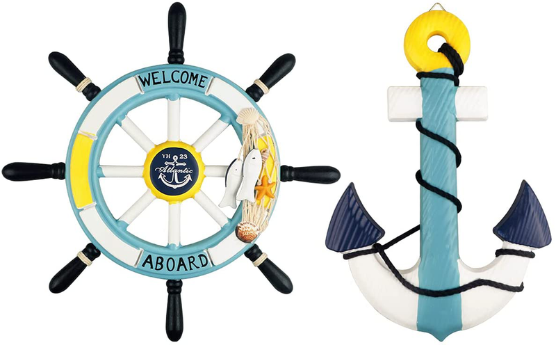 Meching Nautical Decor 2 Pack 13" Wooden Ship Wheel and Wood Anchor with Rope Nautical Boat Steering Rudder Wall Decor Door Hanging Ornament Home & Garden > Decor > Artwork > Sculptures & Statues Meching 7  