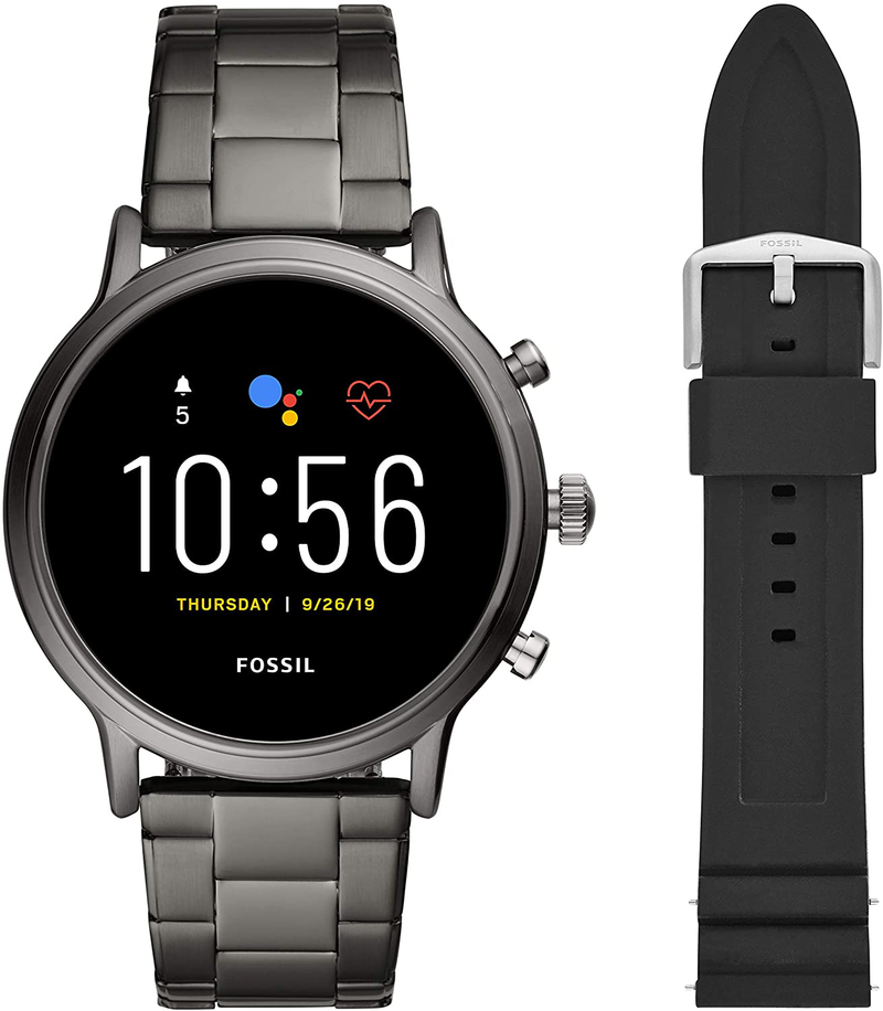 Fossil Gen 5 Carlyle Stainless Steel Touchscreen Smartwatch with Speaker, Heart Rate, GPS, Contactless Payments, and Smartphone Notifications Apparel & Accessories > Jewelry > Watches Fossil Smoke + Black Silicone  