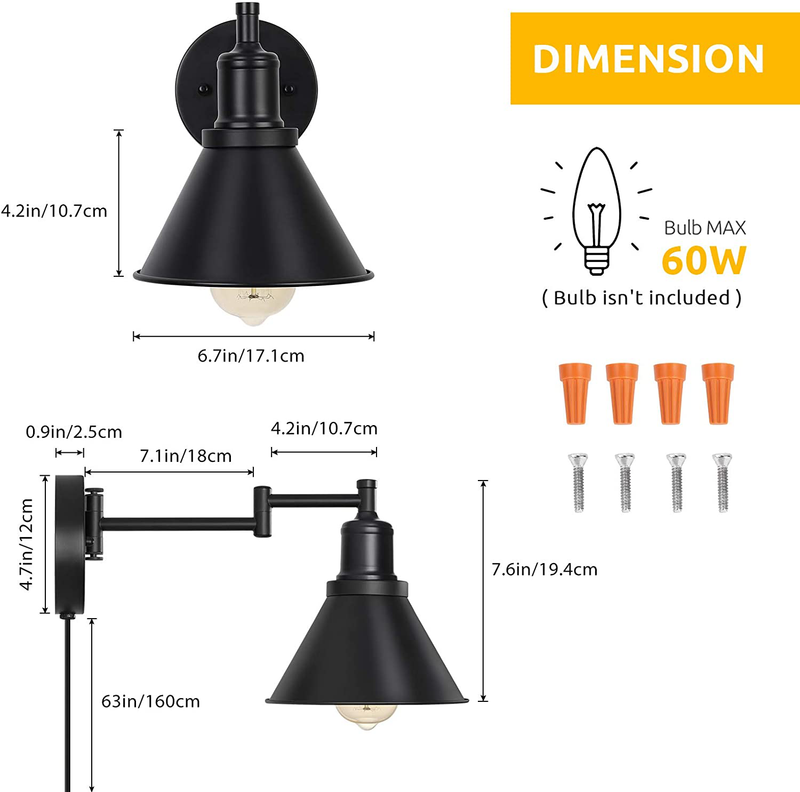 HAITRAL Black Wall Sconces Lighting-Plug in Wall Lamps with On/Off Switch, Wall Lamps for Bedroom Set of 2 Wall Mounted Lights for Bedroom,Bedside,Living Room,Dorm- Black Home & Garden > Lighting > Lighting Fixtures > Wall Light Fixtures KOL DEALS   