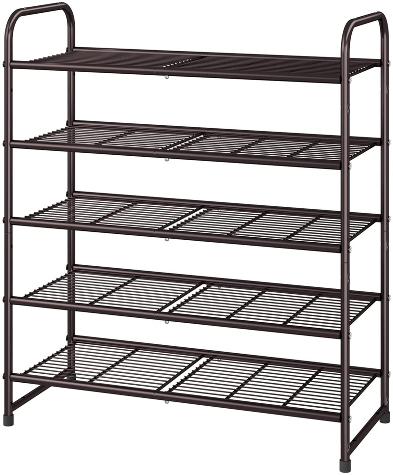 Simple Trending 5-Tier Stackable Shoe Rack, Expandable & Adjustable Shoe Organizer Storage Shelf with Side 6 Shoes Pockets, Wire Grid, Bronze Furniture > Cabinets & Storage > Armoires & Wardrobes Simple Trending Bronze  