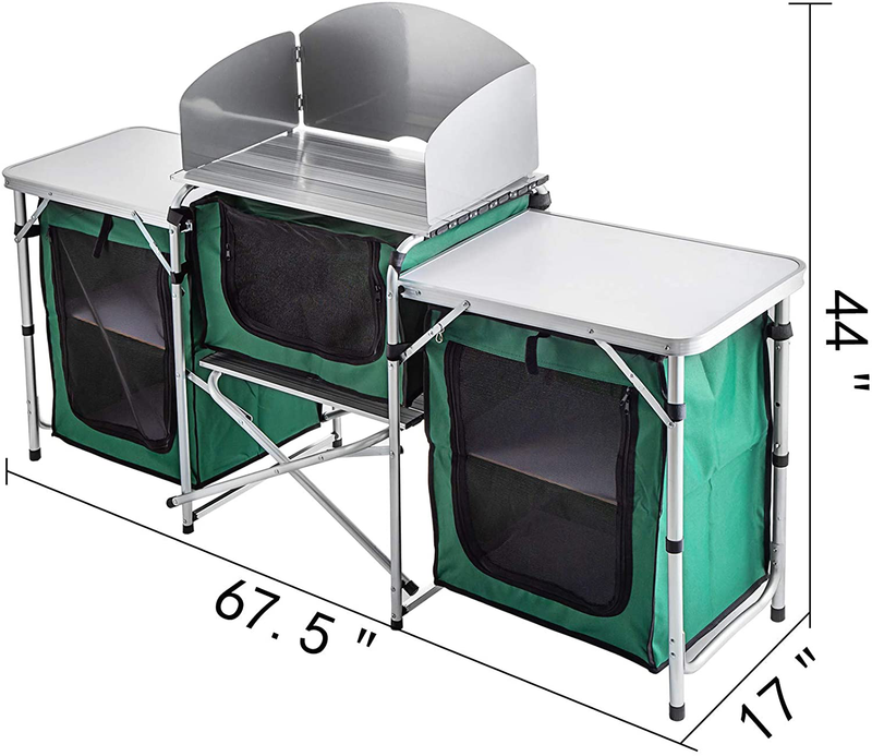Folding Cooking Table with Storage Organizer and Windscreen, Aluminum Camping Kitchen Quick Set-Up and Lightweight, Outdoor Portable Cook Station for BBQ, Party, Camping