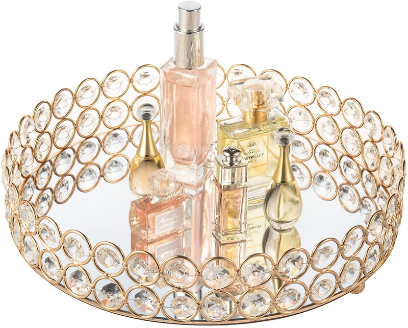 Feyarl Crystal Cosmetic Makeup Tray Jewelry Trinket Tray Organizer Vanity Tray Mirrored Decorative Tray Home Deco Dresser Perfume Skin Care Tray for Christmas Brithday Gift(Round 10" inch) (Silver) Home & Garden > Decor > Decorative Trays Feyarl Gold  
