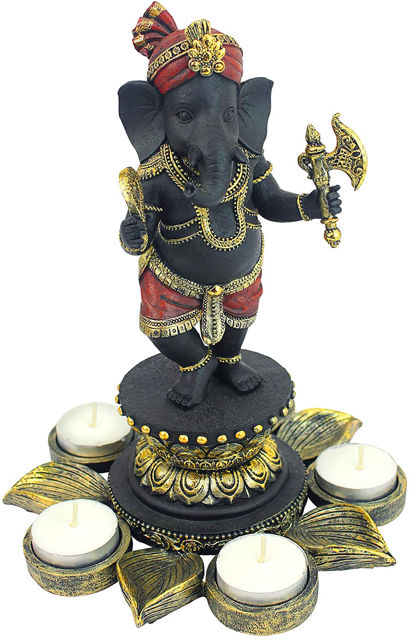 Design Toscano QS29200 Standing Lord Ganesha on Lotus Flower Hindu Elephant God Statue Candle Holder, 10 Inch, Black, Red and Gold Home & Garden > Decor > Home Fragrance Accessories > Candle Holders Design Toscano Candle Holder  