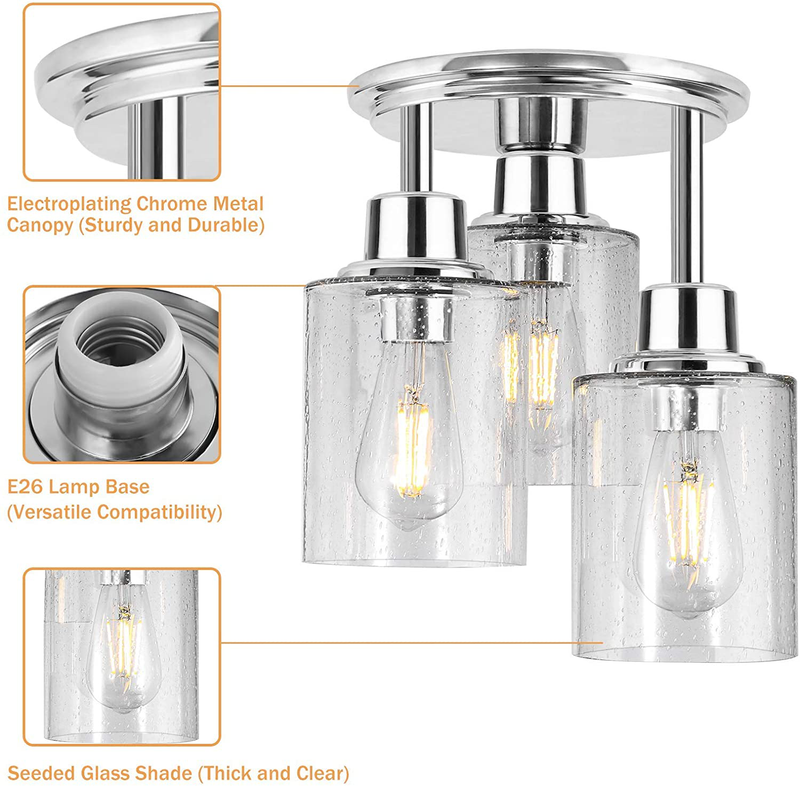 Semi Flush Mount Ceiling Light, 3-Light Close to Ceiling Light Fixtures, Electroplating Chrome Finish with Clear Seeded Glass Shade Chandelier Lighting for Stairs Porch Hallway Entryway Kitchen Home & Garden > Lighting > Lighting Fixtures > Ceiling Light Fixtures KOL DEALS   