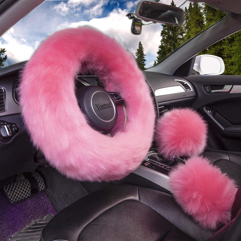 Yontree Fashion Fluffy Steering Wheel Covers for Women/Girls/Ladies Australia Pure Wool 15 Inch 1 Set 3 Pcs (Black) Vehicles & Parts > Vehicle Parts & Accessories > Vehicle Maintenance, Care & Decor > Vehicle Decor > Vehicle Steering Wheel Covers Yontree Pink Long Hair 